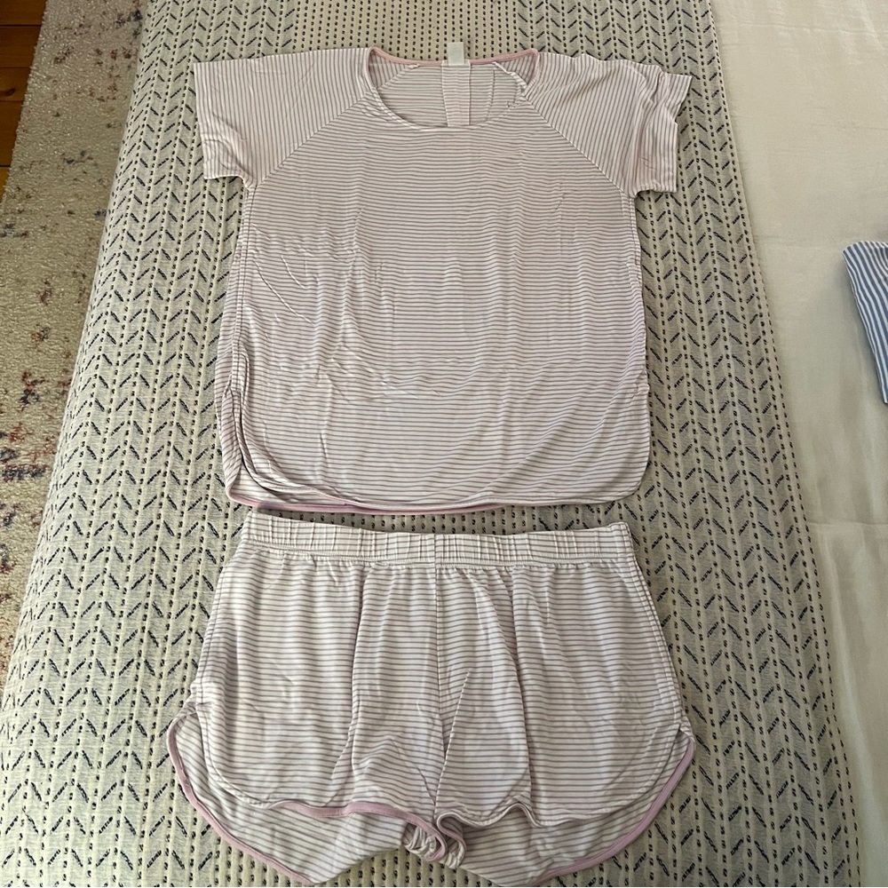 LAKE short pajama set, purple stripe, medium
